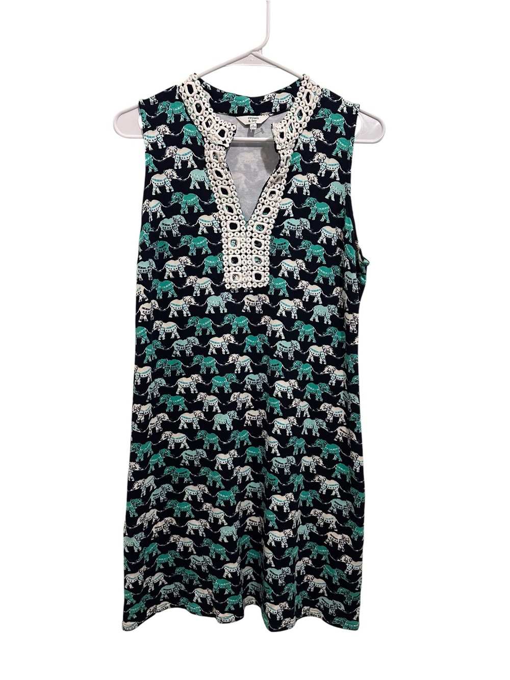 crown & ivy Navy Elephant Print Sleeveless Mini Dress with White Crochet Trim